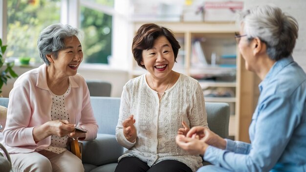 Photo old senior asian friends retired people hapiness positive laugh smile conversation together at livi