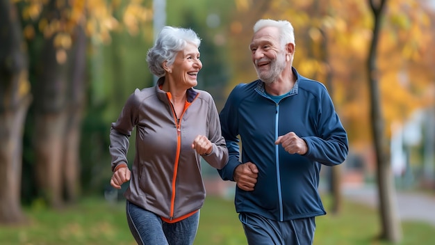 Photo old senior couple are running and smiling