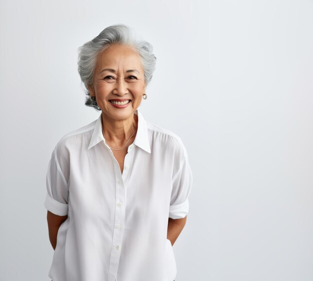 Old senior happy Asian woman isolated on white