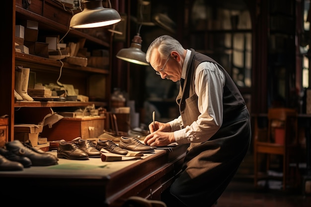 Old senior man shoemaker working at craft workshop at night Generative AI