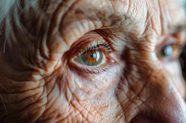 Old senior woman eyes closeup detail to her face both iris visible wrinkled skin near