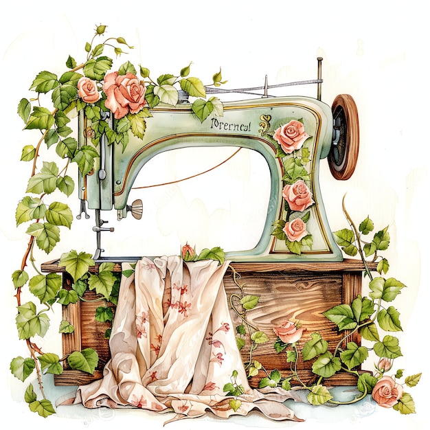 Фото Старая швейная машина с розами и восхождением на растение хедера коттедж простой жизнь