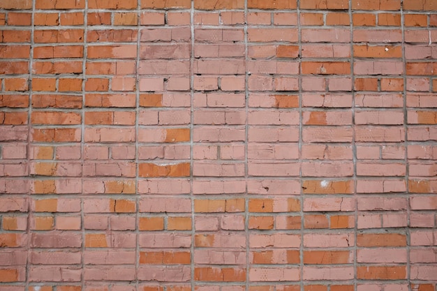 An old shabby brick wall in full screen With elements of old age and destruction of the wall