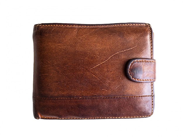 Old shabby and scratched wallet. Wallet brown on white