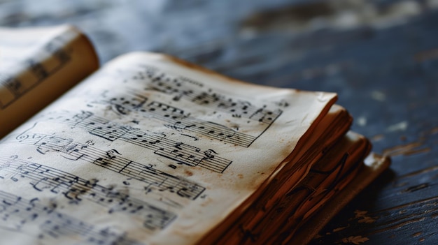 Old sheet music on a wooden surface with vintage patina