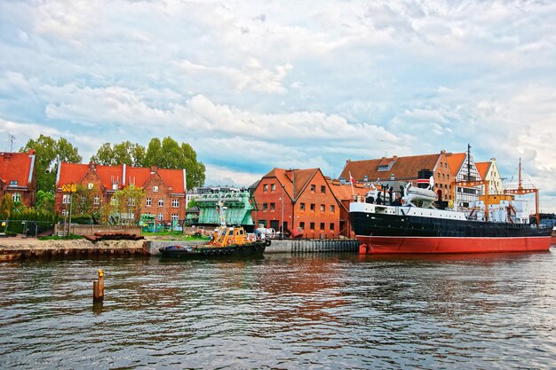 Old Ship at Quay of Motlawa River in Gdansk, Poland