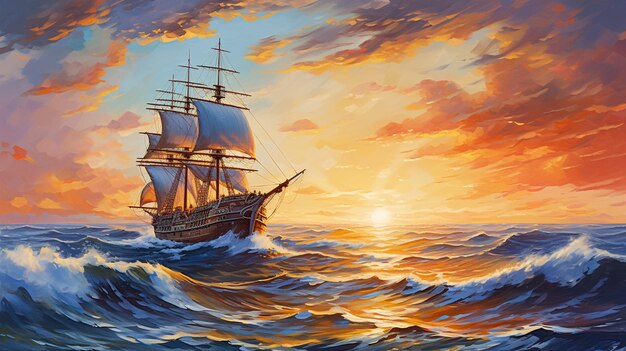 an old ship sailing in the sea water with sunset background