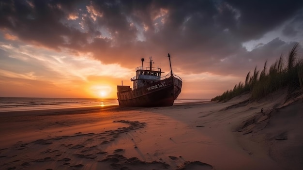 Старое кораблекрушение или заброшенное кораблекрушение. Лодка перевернулась на песчаном пляже на красивом красочном фоне заката в сумерках. Генеративный AI