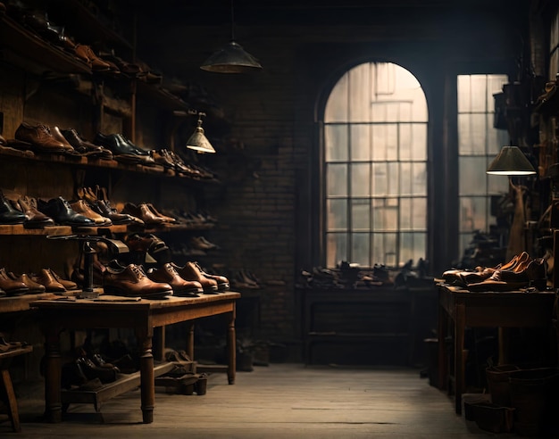 写真 たくさんの靴の選択的な焦点を備えた古い靴屋