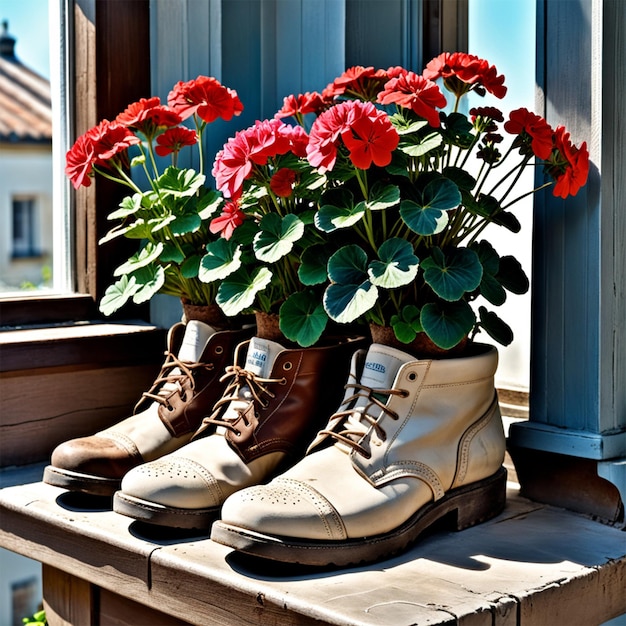 old shoes used as flower pots geraniums placed on the windowsill 8k hdr 500px masterpiece
