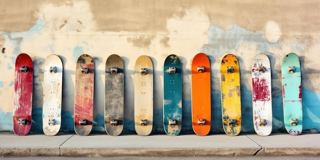 Old skateboards leaning against a wall with flaking blue paint