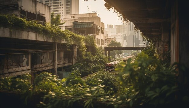 古い超高層ビルは、AI によって生成された夕暮れ時の現代都市生活を反映しています。