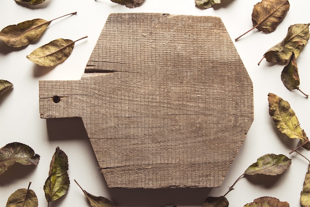 Старая нарезанная доска с сухими листьями на белом фоне.