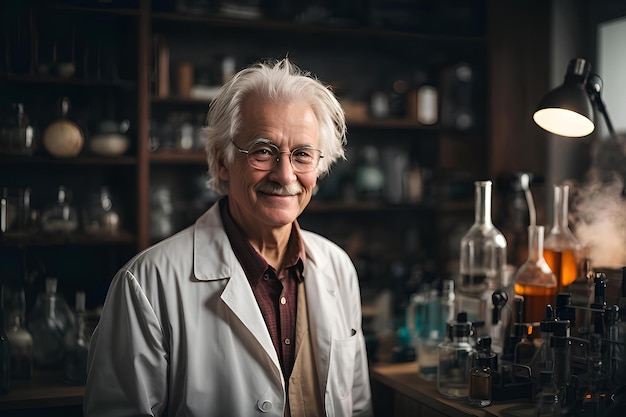 Photo an old smiling scientist is sitting in his laboratory.