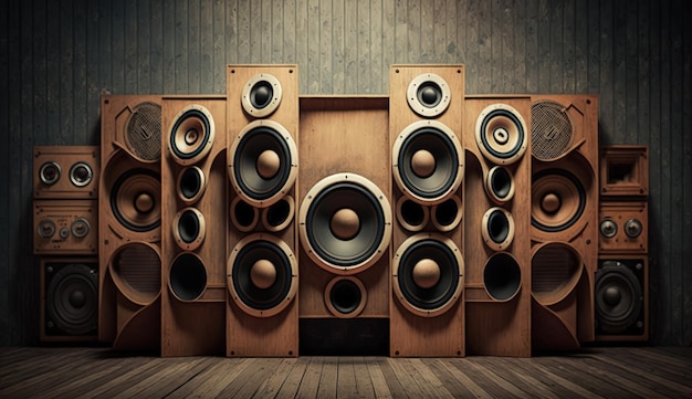 Photo old speaker wall stack of vintage and retro style speakers wooden speakers ai