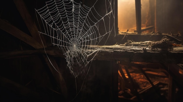 Фото Старая пауковая паутина на углу заброшенного дома и тыква-призрак концепция хэллоуина от ai generative