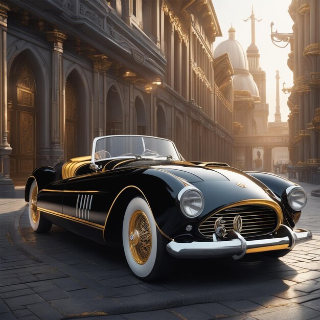 Old Sport Car Black And Gold Parked In A Future City Include Footrest Real Image Quality 4k