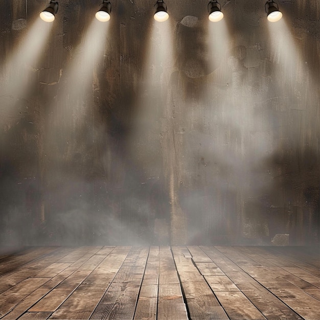 Old stage realistic photo with flashing lights wood floor