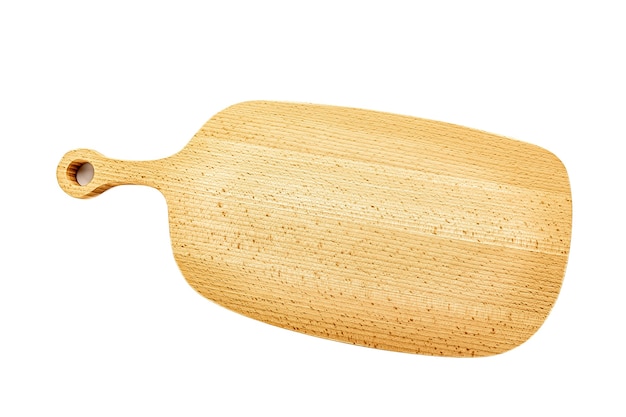 Old stained clean empty wooden cutting board isolated on white in an oblique low angle view for food placement.