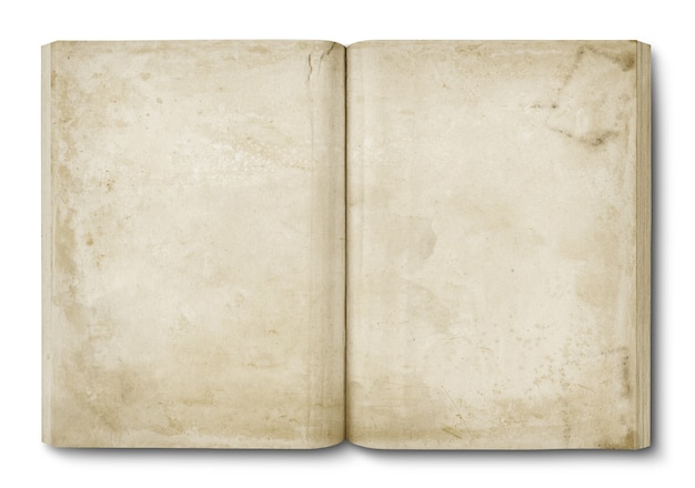 Photo old stained open book isolated on white