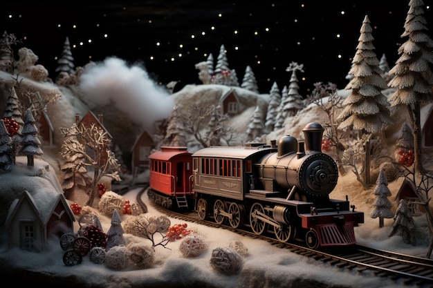 Old steam locomotive driving at fairy blue forest Christmas background