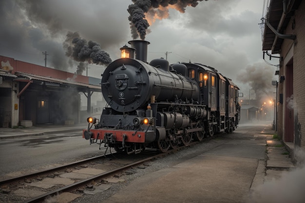 Old steam locomotive at the railway station in the evening with smoke