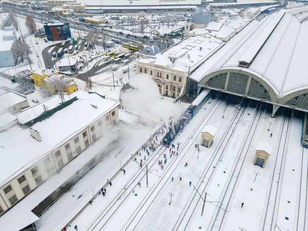 old steam retro train at lviv railway station aerial view