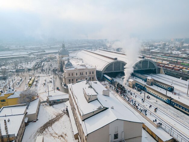 old steam retro train at lviv railway station aerial view