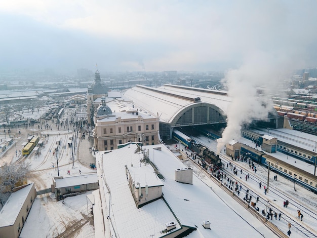 old steam retro train at lviv railway station aerial view