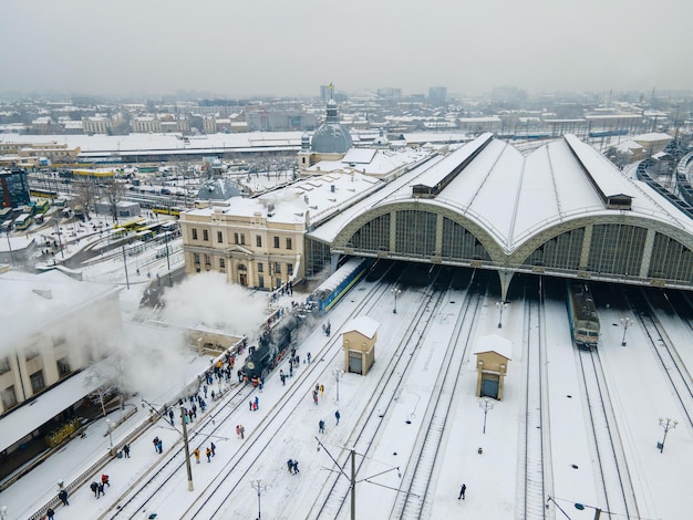 old steam retro train at lviv railway station aerial view