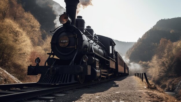 Old steam train against the backdrop of mountains and lake mountain lake