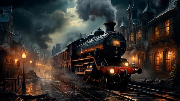 古い蒸気列車は街の夜のシーンアートのイラストです