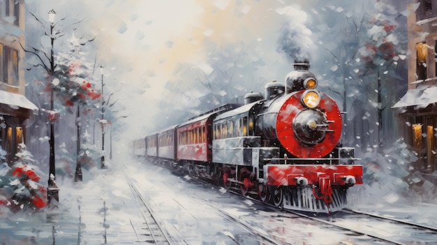 Old steam train travels through festive snowy town