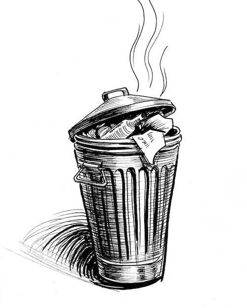 Old stinky trash can. Ink black and white drawing