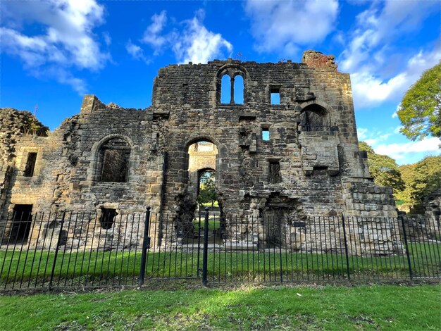 Old stone abbey ruins late evening near leeds uk