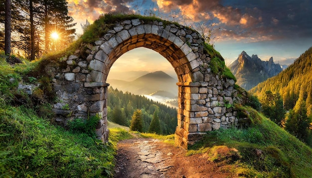 Old stone arch Medieval gate Portal to forest park woods at sunset Magical place Ancient ruins