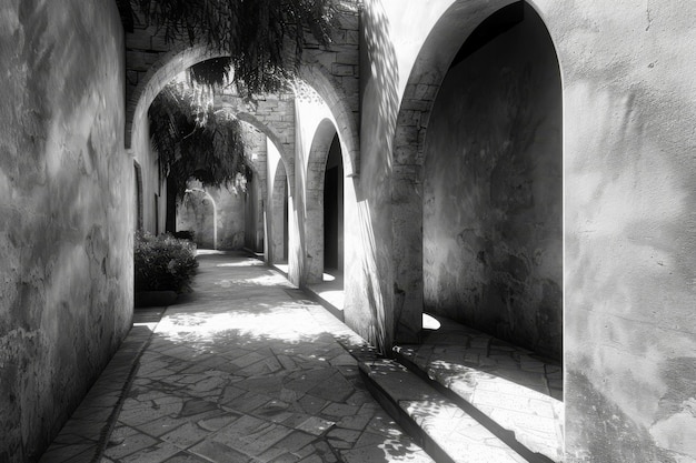 Photo old stone arches in the courtyard of an old house black and white