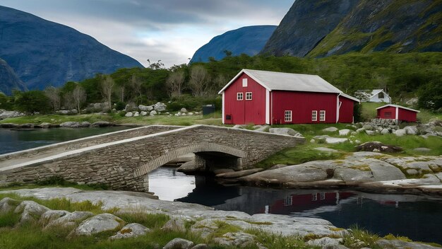 Photo old stone bridge connecting to a red barn surrounded by greenery and short trees in alesund norway