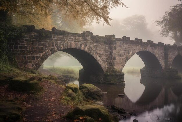 old stone bridge near dusseldorf in germany in the style of soft mist