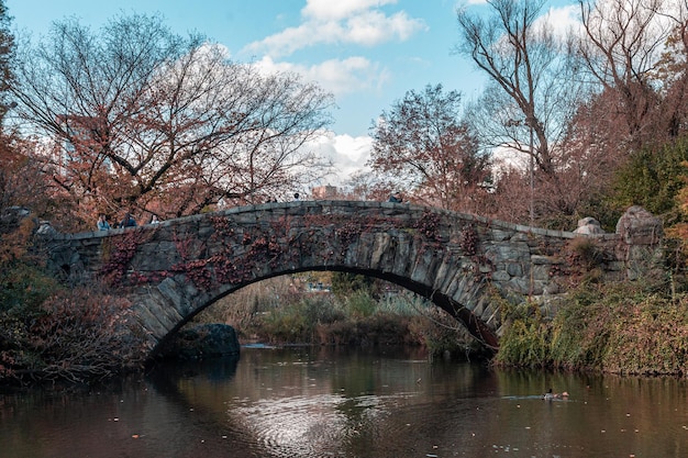 Old stone bridge over the river in a park in Autumn