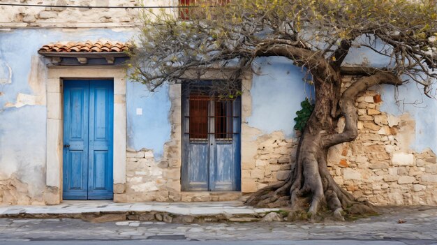 Old stone building with aged wooden blue door stone