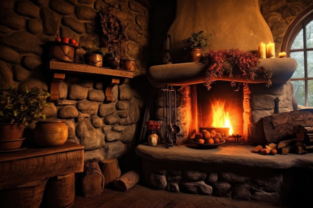 Old stone fireplace with burning logs and warm glow created with generative ai