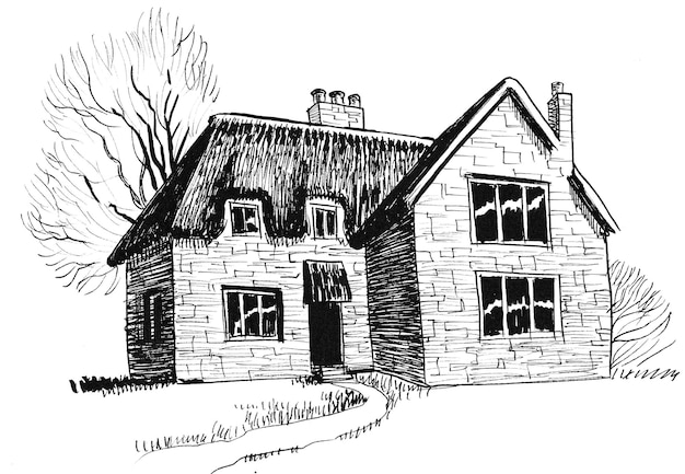 Old stone house. Ink black and white drawing