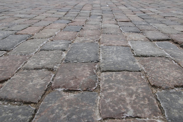 Old stone paved avenue street road, low angle.