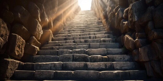 Old stone staircase lit with sun way up no people