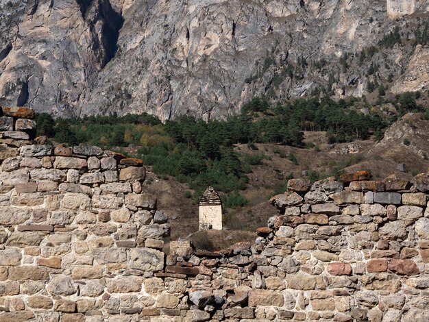 アーチ型の通路を持つ古い石壁古い Pyaling 塔複雑なイングーシ ロシアの山脈の端に位置する最大の中世の城型塔の村の 1 つ