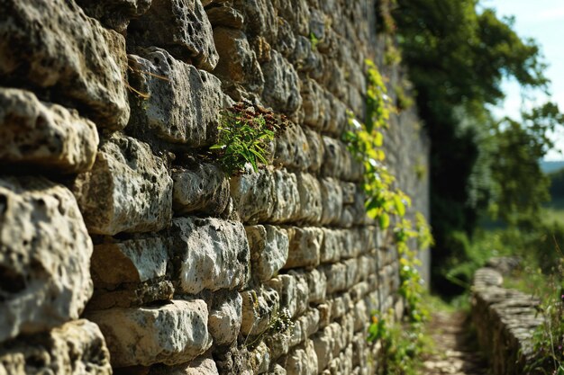 Old stone wall with green plant growing between it Shallow depth of field