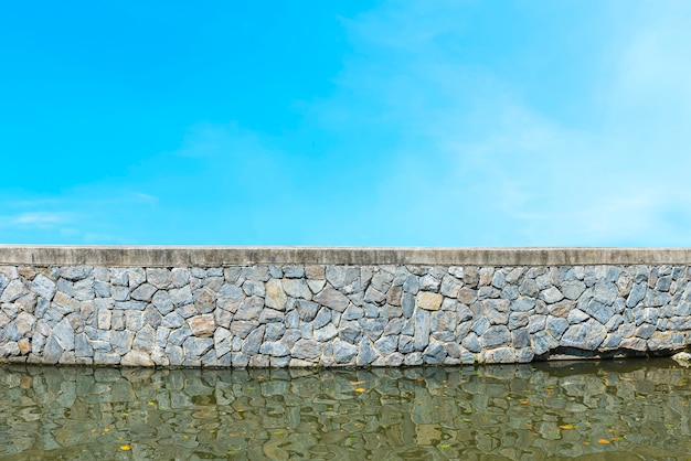 Old stone wall with water and blue sky.