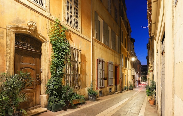 The old street in the historic quarter Panier of Marseille in South France at night