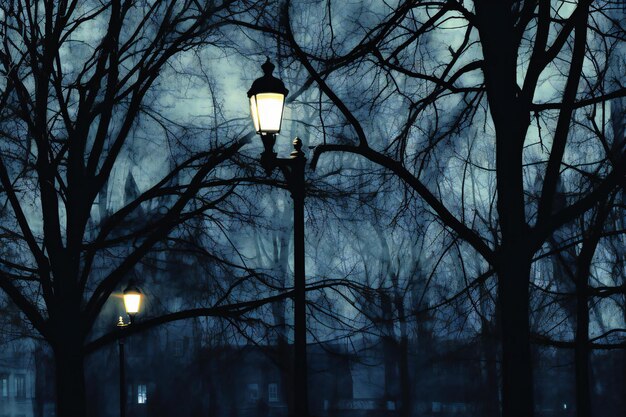 公園の霧の冬の夜に古いストリートランプ